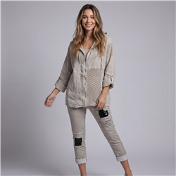 Mujer camisaco lino combinado tejido capucha linea italiana - IB