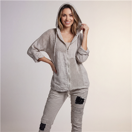 Mujer camisaco lino combinado tejido capucha linea italiana - IB
