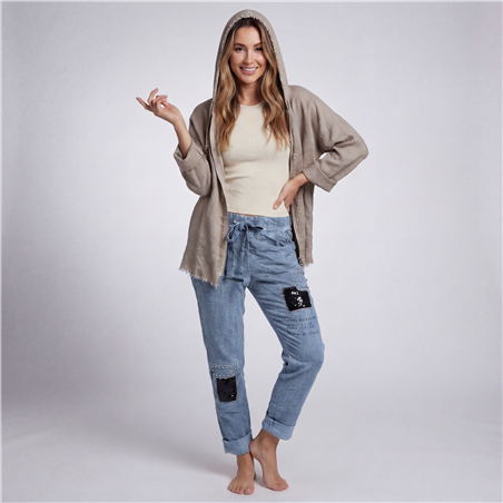 Mujer camisaco lino capucha aplique en espalda linea italiana - IB