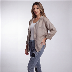 Mujer camisaco lino capucha aplique en espalda linea italiana - IB