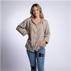 Mujer camisaco lino capucha aplique en espalda linea italiana - IB