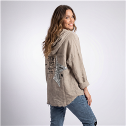 Mujer camisaco lino capucha aplique en espalda linea italiana - IB