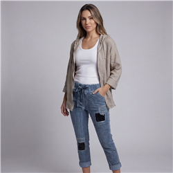 Mujer camisaco lino capucha aplique en espalda linea italiana - IB