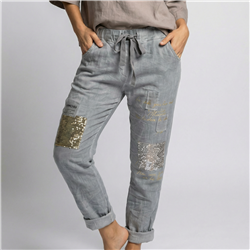 Mujer babucha lino elastizado parches letras linea italiana - IB