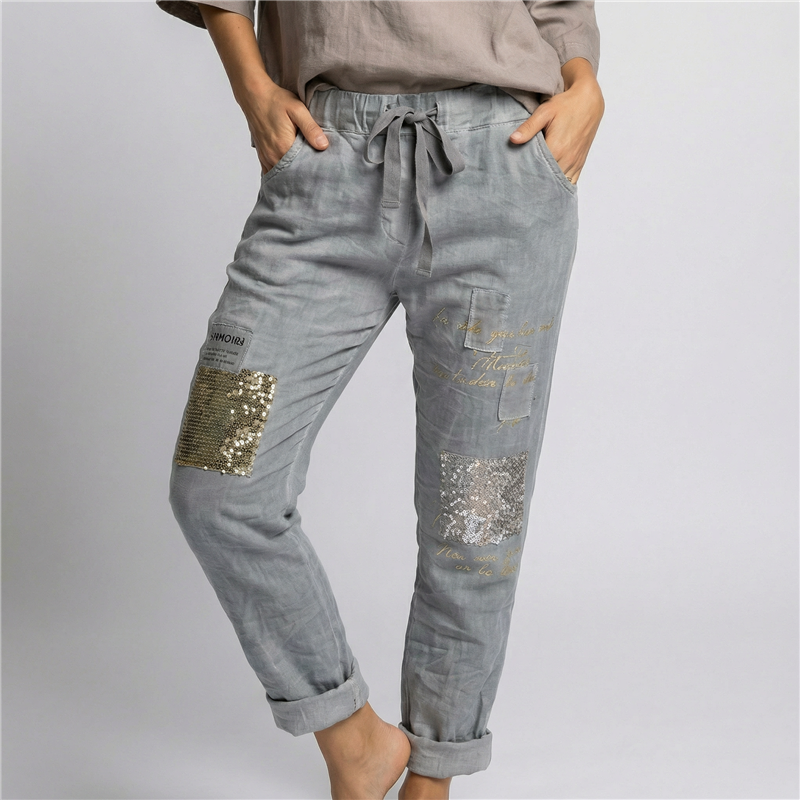 Mujer babucha lino elastizado parches letras linea italiana - IB