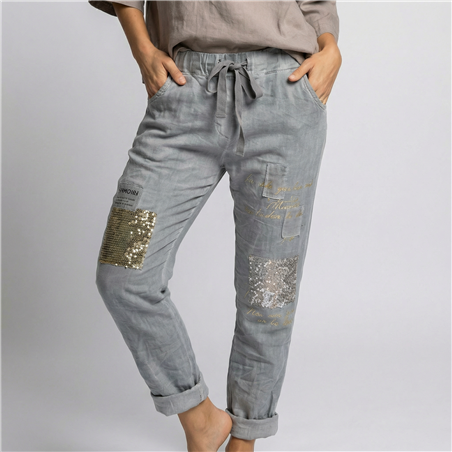 Mujer babucha lino elastizado parches letras linea italiana - IB