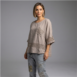 Mujer remeron lino combinado guipur lentejuelas linea italiana - IB