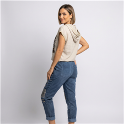 Mujer remeron lino capucha estampa print linea italiana - IB