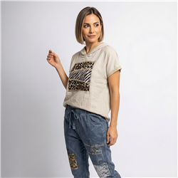 Mujer remeron lino capucha estampa print linea italiana - IB