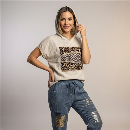 Mujer remeron lino capucha estampa print linea italiana - IB