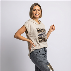 Mujer remeron lino capucha estampa print linea italiana - IB