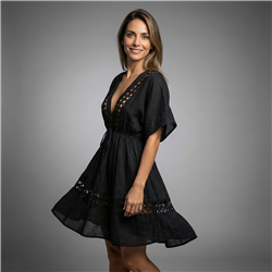 Mujer vestido bambula corto escote V guipur - CA