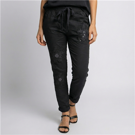 Mujer babucha lino elastizado flores lentejuelas linea italiana - IB