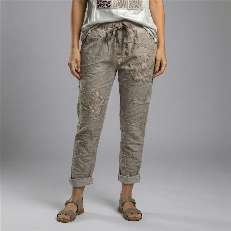 Mujer babucha lino elastizado flores lentejuelas linea italiana - IB