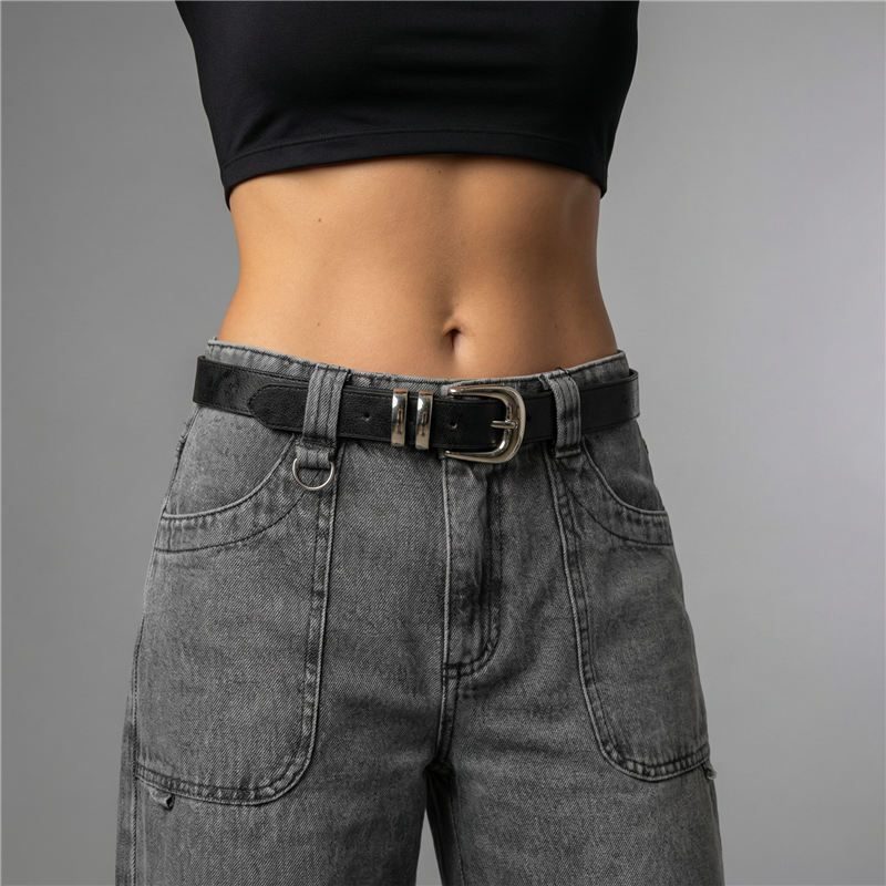 Cinto ecocuero liso hebilla plateada - GO