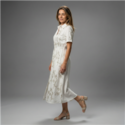 Mujer vestido lino largo frente bordado flores cinturon - FRA