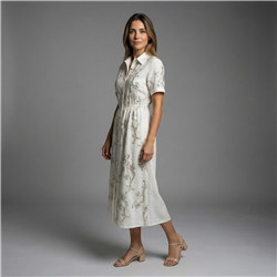 Mujer vestido lino largo frente bordado flores cinturon - FRA