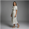 Mujer vestido lino largo frente bordado flores cinturon - FRA
