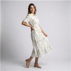 Mujer vestido lino largo frente bordado flores cinturon - FRA