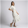 Mujer vestido lino largo frente bordado flores cinturon - FRA