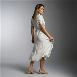 Mujer vestido lino largo frente bordado flores cinturon - FRA