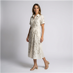 Mujer vestido lino largo frente bordado flores cinturon - FRA