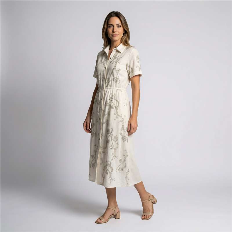 Mujer vestido lino largo frente bordado flores cinturon - FRA