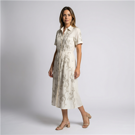 Mujer vestido lino largo frente bordado flores cinturon - FRA