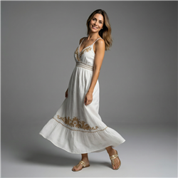 Mujer vestido lino largo bordado flores - FRA