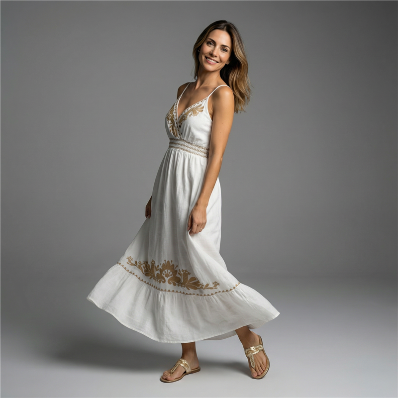 Mujer vestido lino largo bordado flores - FRA