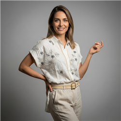 Mujer camisa lino frente bordada flores - FRA