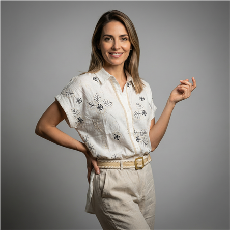 Mujer camisa lino frente bordada flores - FRA
