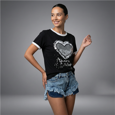 Mujer remera algodon estampa corazon lentejuelas - FRA