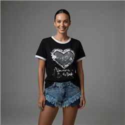 Mujer remera algodon estampa corazon lentejuelas - FRA
