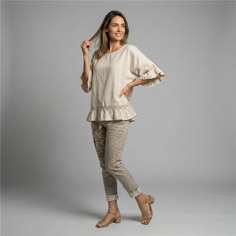 Mujer remera lino amplia guipur lentejuelas linea italiana - IB