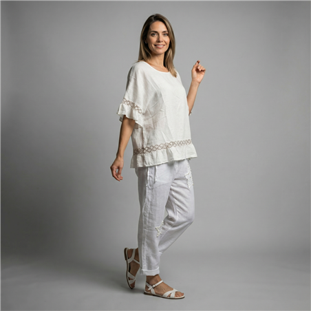 Mujer remera lino amplia guipur lentejuelas linea italiana - IB