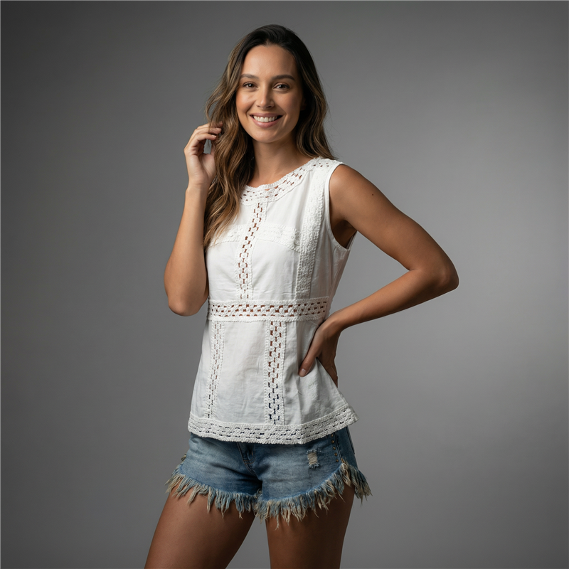 Mujer musculosa algodon combinado guipur - FRA