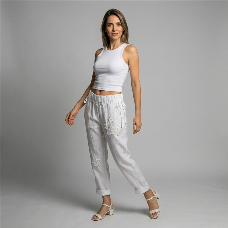 Mujer babucha lino parches estrella perlas linea italiana - IB