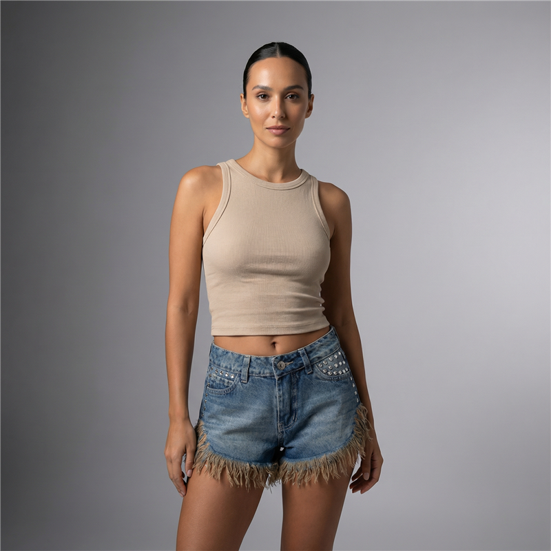 Mujer short jean desflecado tachas estrass - YD