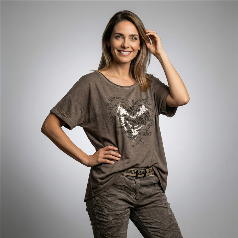 Mujer remera algodon aplique corazon lentejuelas linea italiana - IB