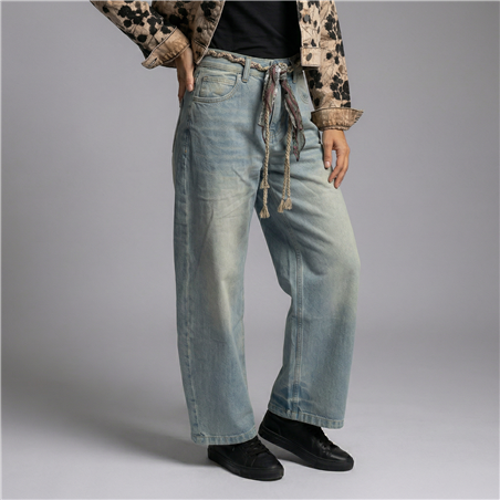 Mujer pantalon jean recto gastado cinturon - OG