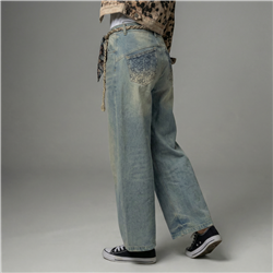 Mujer pantalon jean recto gastado cinturon - OG