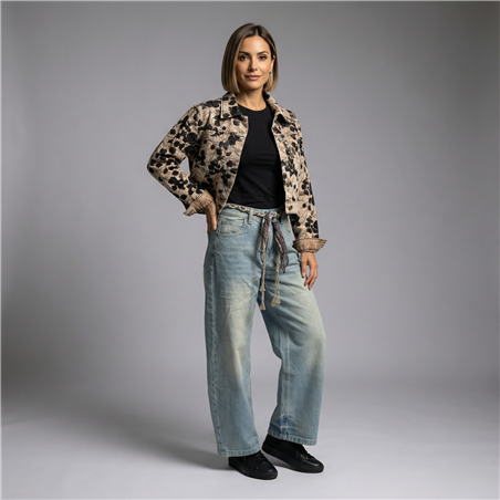 Mujer campera jean corta bordada flores lentejuelas - OG