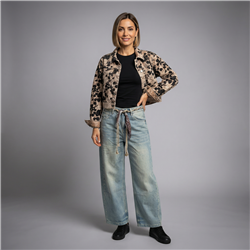 Mujer campera jean corta bordada flores lentejuelas - OG