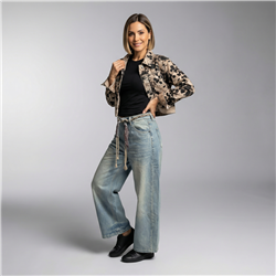 Mujer campera jean corta bordada flores lentejuelas - OG