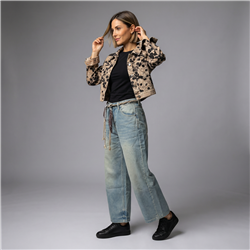 Mujer campera jean corta bordada flores lentejuelas - OG