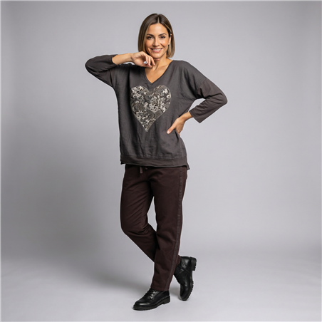 Mujer remera lino amplia corazon brillo linea italiana - IB