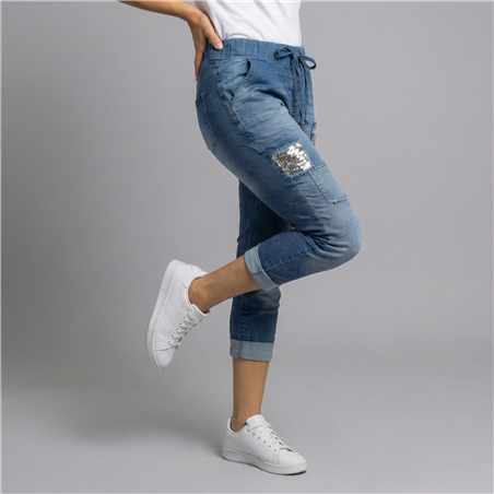 Mujer babucha jean elastizado corazon lentejuelas linea italiana - IB