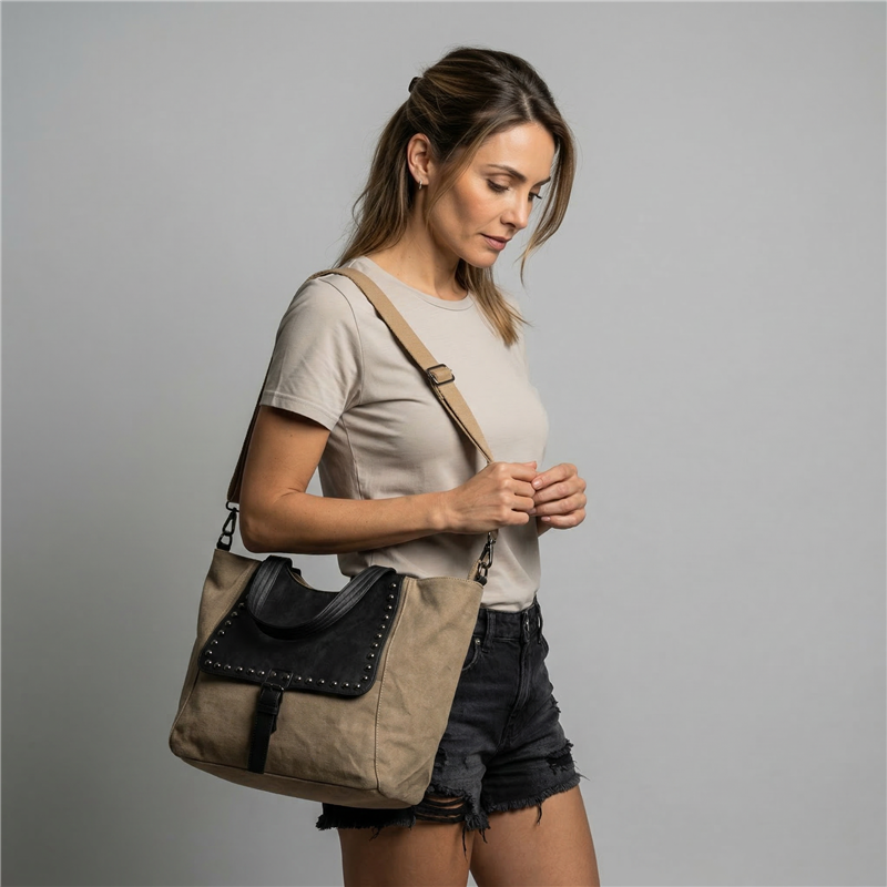 Bolso lona frente bolsillo ecocuero tachas - GO