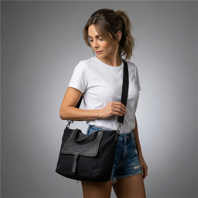 Bolso lona frente bolsillo ecocuero tachas - GO